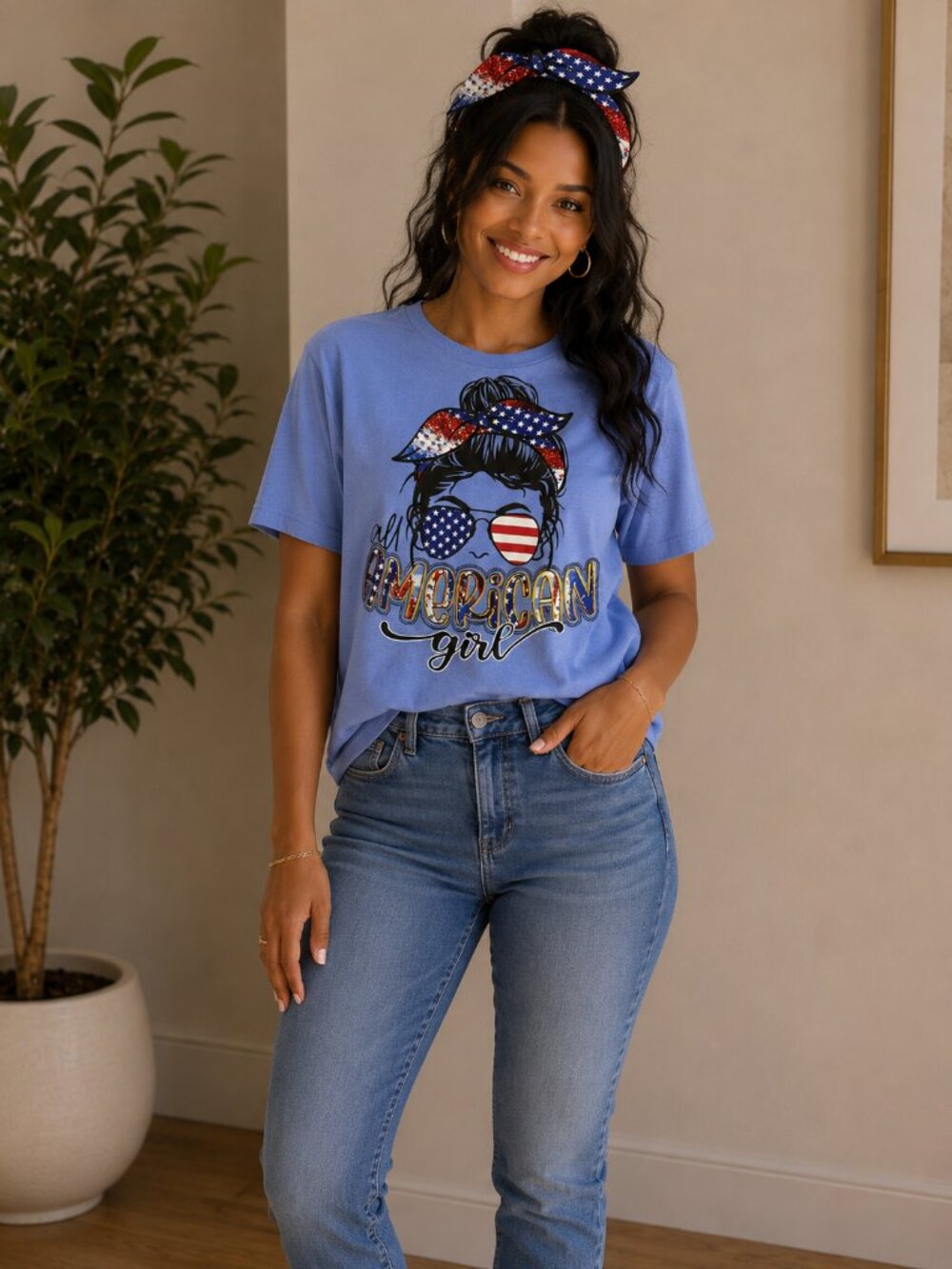 Gildan Light Blue "American Girl" Graphic Tee with Red White Blue Accents